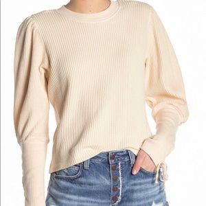 Free People Cream Waffle Puff Sleeve Shirt - Small